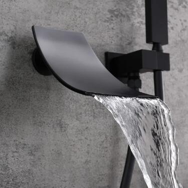 Modern in Matte Black Waterfall Wall-Mount Bath Filler Mixer Tap & Hand Shower TB0680