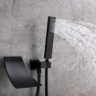 Modern in Matte Black Waterfall Wall-Mount Bath Filler Mixer Tap & Hand Shower TB0680